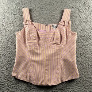 Vtg Carlisle Cami Top Womens 2 Pink Yellow Striped Cotton Bow Straps Y2K